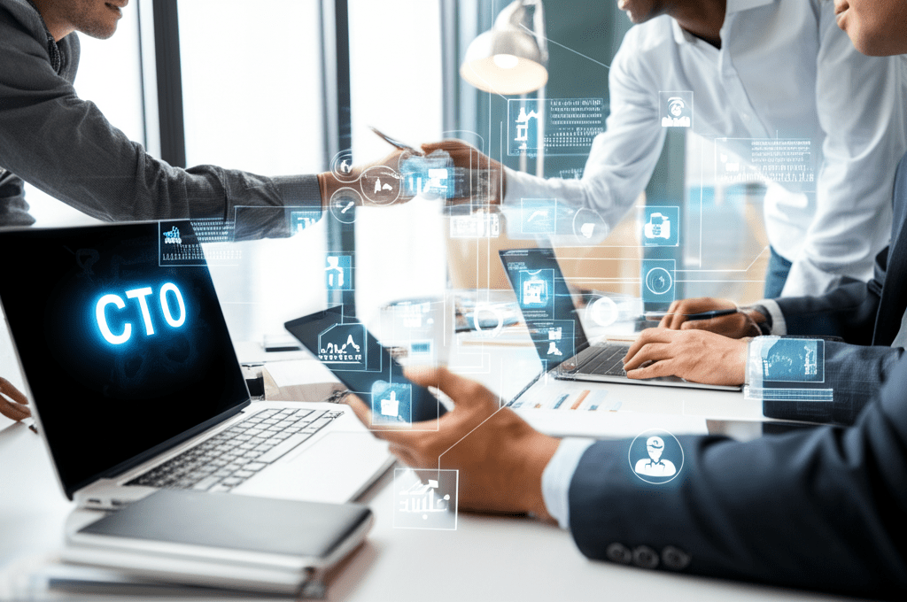 Diverse startup team collaborating with a fractional CTO in a modern office environment with laptops and digital devices