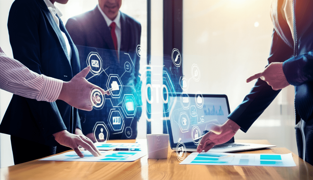 Diverse technology leaders collaborating in a modern office environment with laptops and digital devices, symbolizing flexible CTO roles and strategic tech leadership.