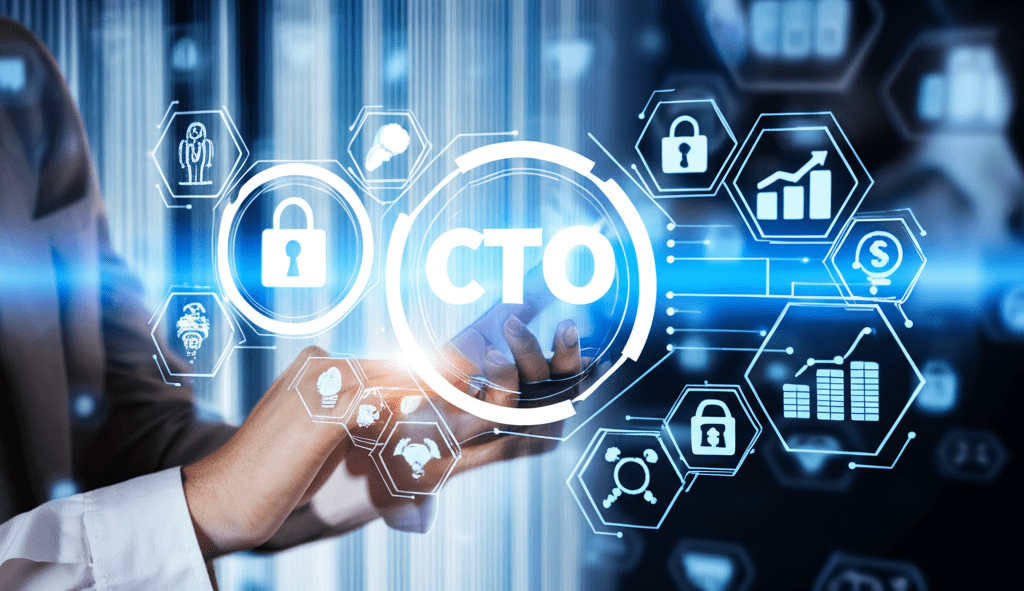 A diverse group of technology leaders collaborating in a professional setting with digital technology and compliance icons, symbolizing fractional CTO roles in regulated industries focusing on innovation and security.
