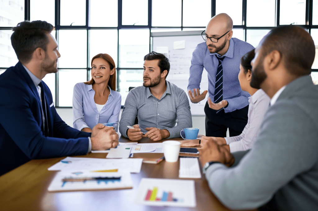 A professional business meeting scene with diverse startup founders and a fractional CTO discussing technology strategy and negotiation in a modern office environment with a collaborative and positive atmosphere