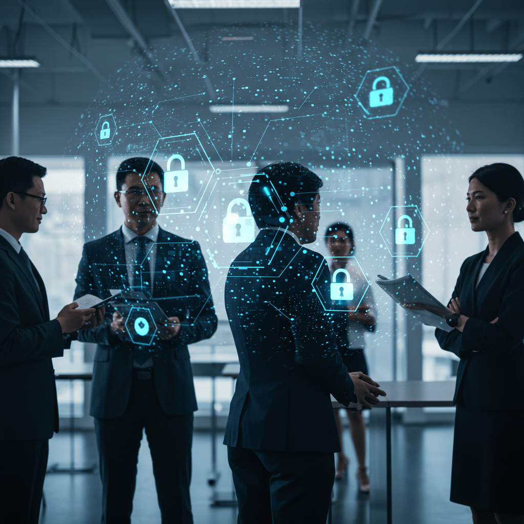 A diverse group of technology leaders collaborating in a professional setting with digital cybersecurity icons and futuristic technology elements in the background, symbolizing cybersecurity leadership and CTO as a Service concept