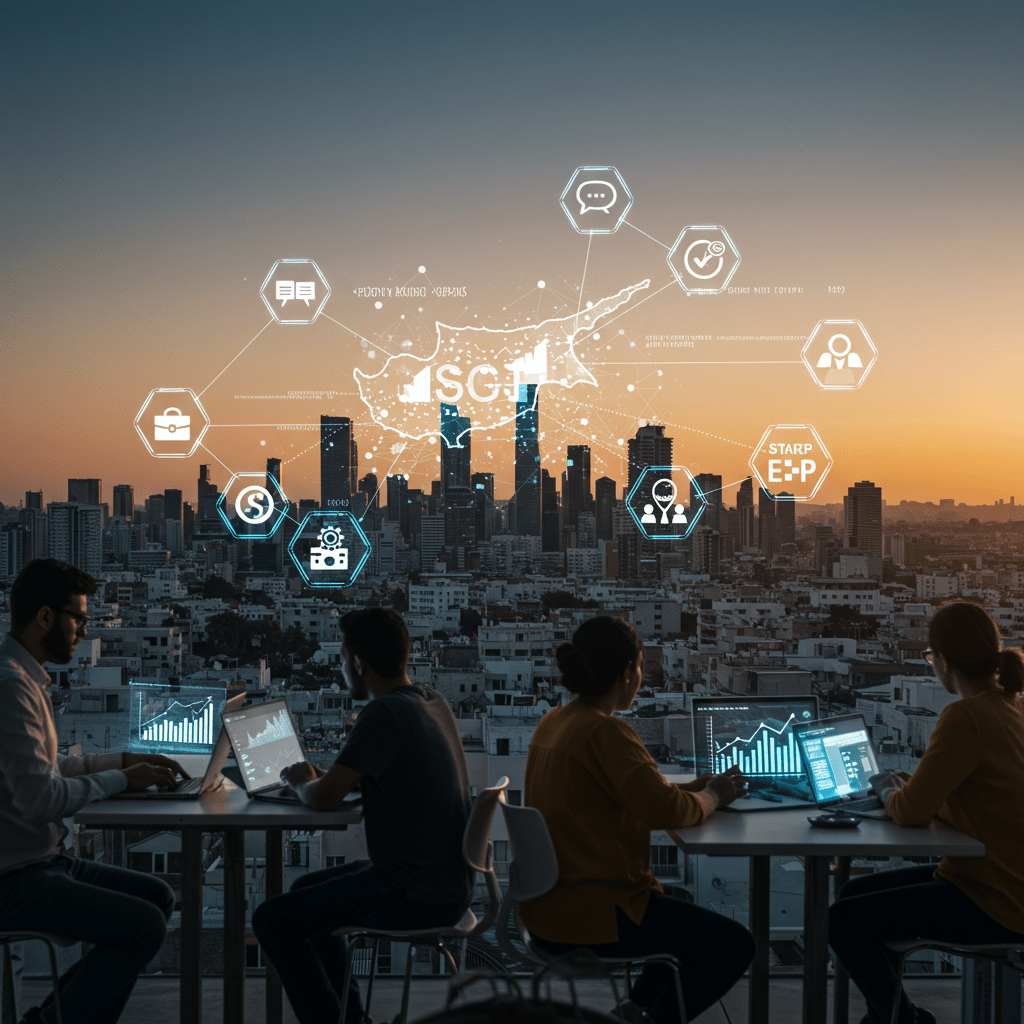 Modern cityscape of Cyprus with diverse entrepreneurs collaborating in a tech workspace, symbolising growth and innovation in the startup ecosystem