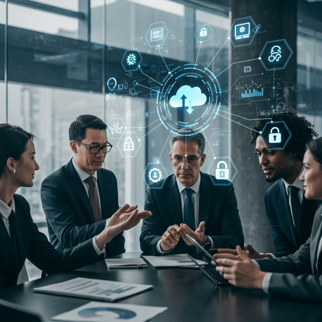 Diverse group of insurance technology leaders collaborating with digital technology elements like cloud computing, data analytics, and cybersecurity symbols in a professional business setting