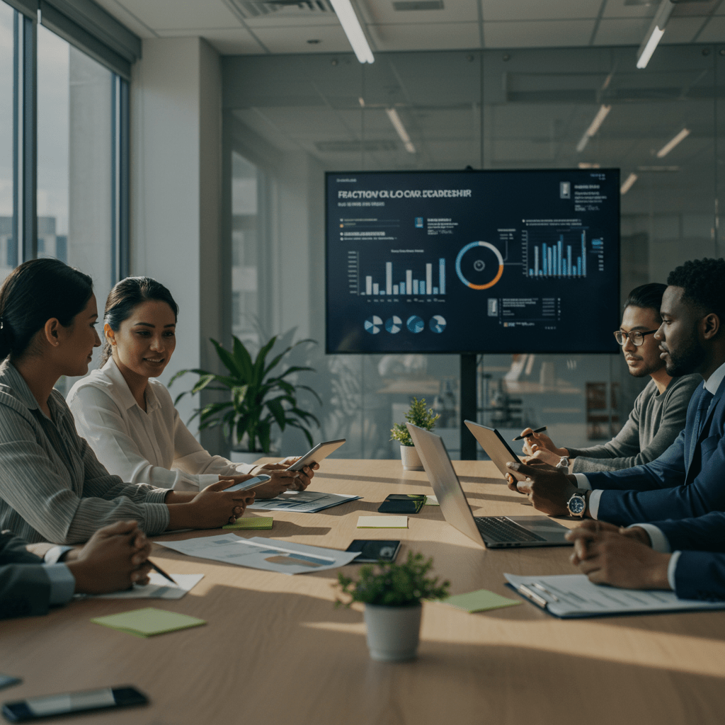 A professional business setting showing a diverse group of people discussing technology strategy with digital devices and charts, symbolizing fractional CTO leadership and budgeting for tech expertise