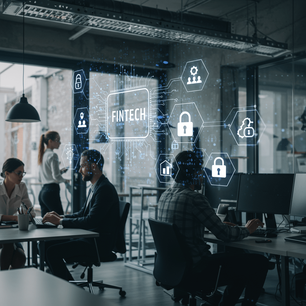 A modern fintech startup office environment with diverse professionals collaborating, futuristic digital technology elements like AI, blockchain, and cybersecurity icons subtly integrated in the background, symbolizing innovation and technology leadership in finance