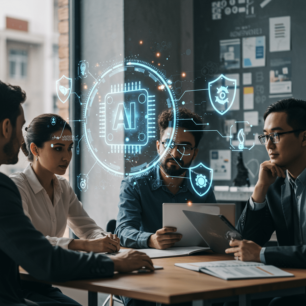 A diverse group of professionals in a modern startup office discussing AI ethics and technology leadership, with digital AI-themed holograms and ethical symbols like scales and shield icons representing trust and responsibility in technology