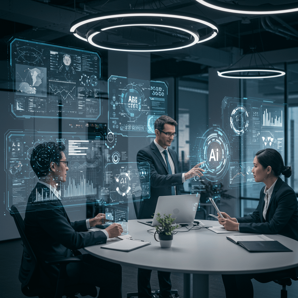 A diverse group of technology leaders collaborating with AI-driven digital interfaces and holograms in a modern high-tech setting, symbolizing AI integration in fractional CTO roles and technology leadership in 2025.
