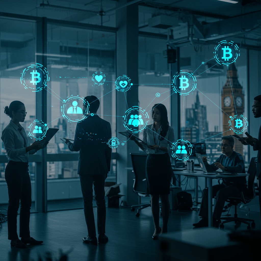 A futuristic digital illustration of diverse business professionals collaborating with glowing blockchain network nodes in a modern tech office with UK landmarks in the background, symbolizing blockchain technology and startup innovation.