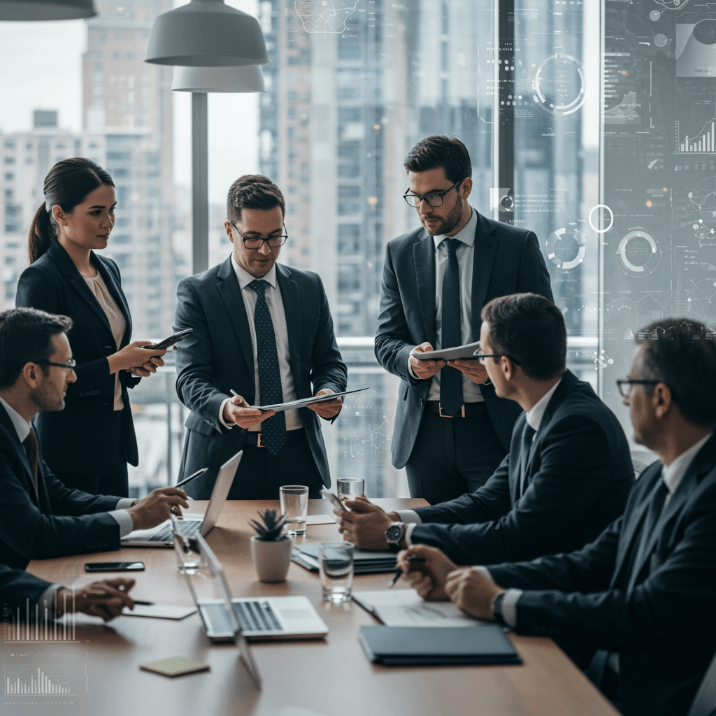 Diverse group of business executives and technology leaders in a UK office discussing strategy with digital technology visuals in the background representing CTO as a Service and transparent pricing models.