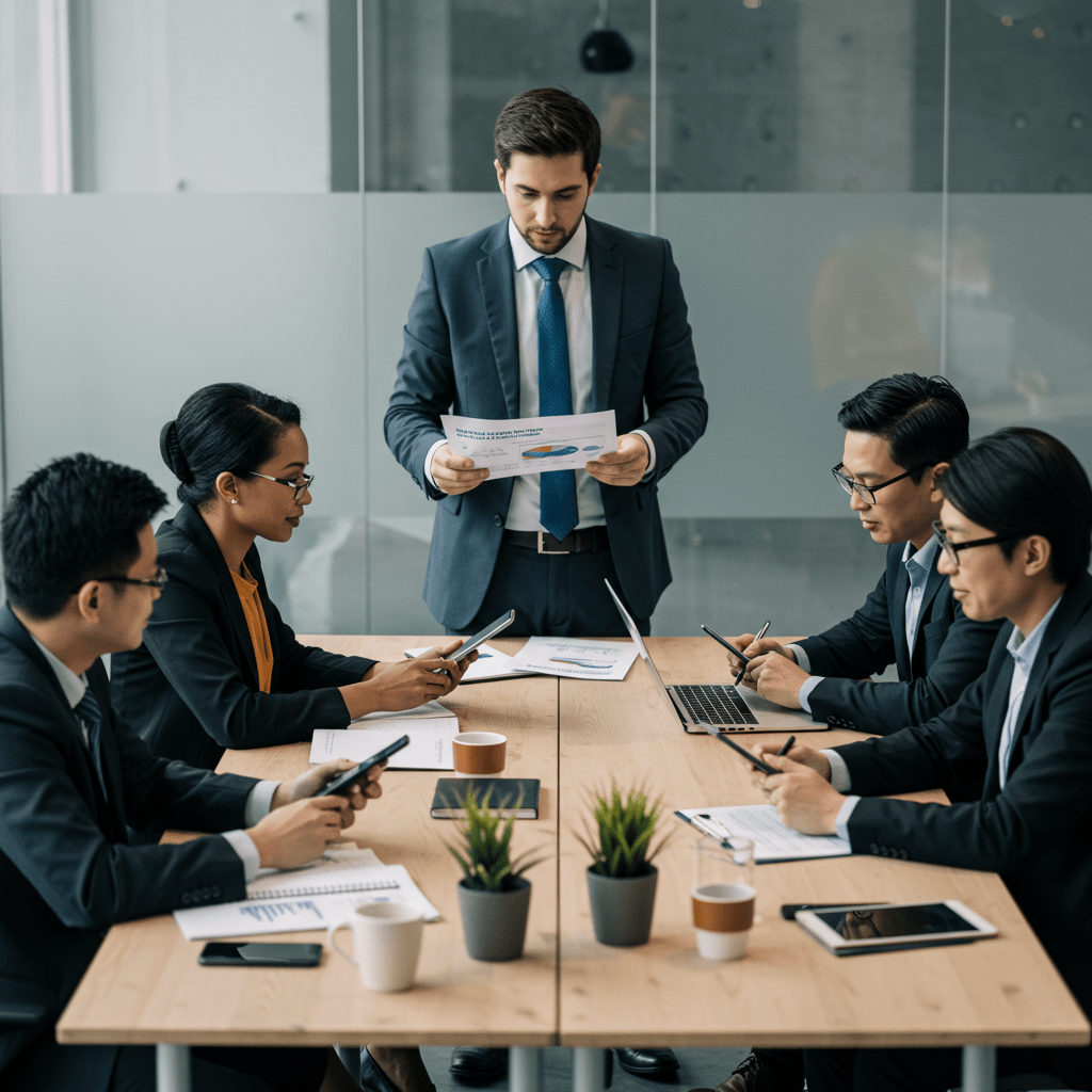 A diverse group of professionals collaborating around a table with laptops and digital devices in a modern office, representing CTO as a Service and transparent pricing models for UK startups and SMEs.