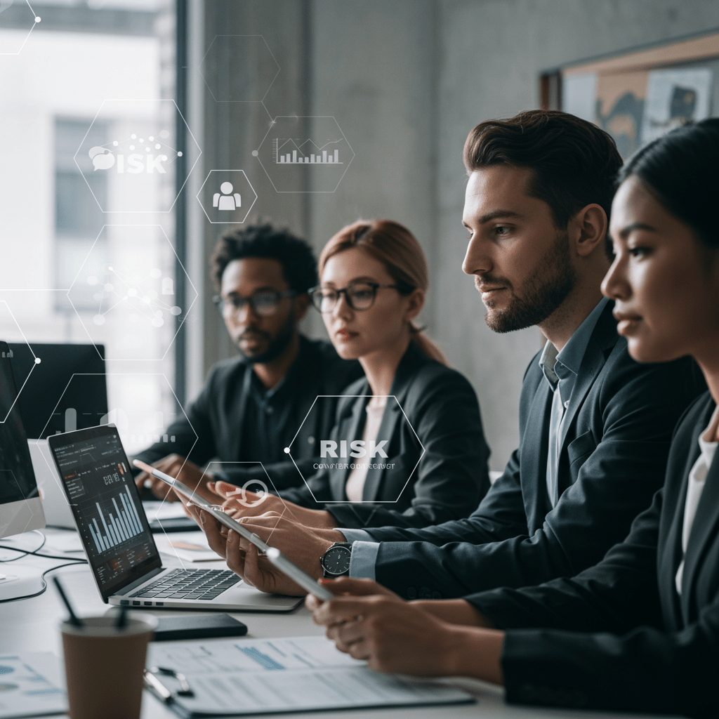 A professional fractional CTO working with a diverse startup team in a modern office, surrounded by technology devices and digital risk management icons subtly integrated in the background, symbolizing technology leadership, risk management, and innovation in startups