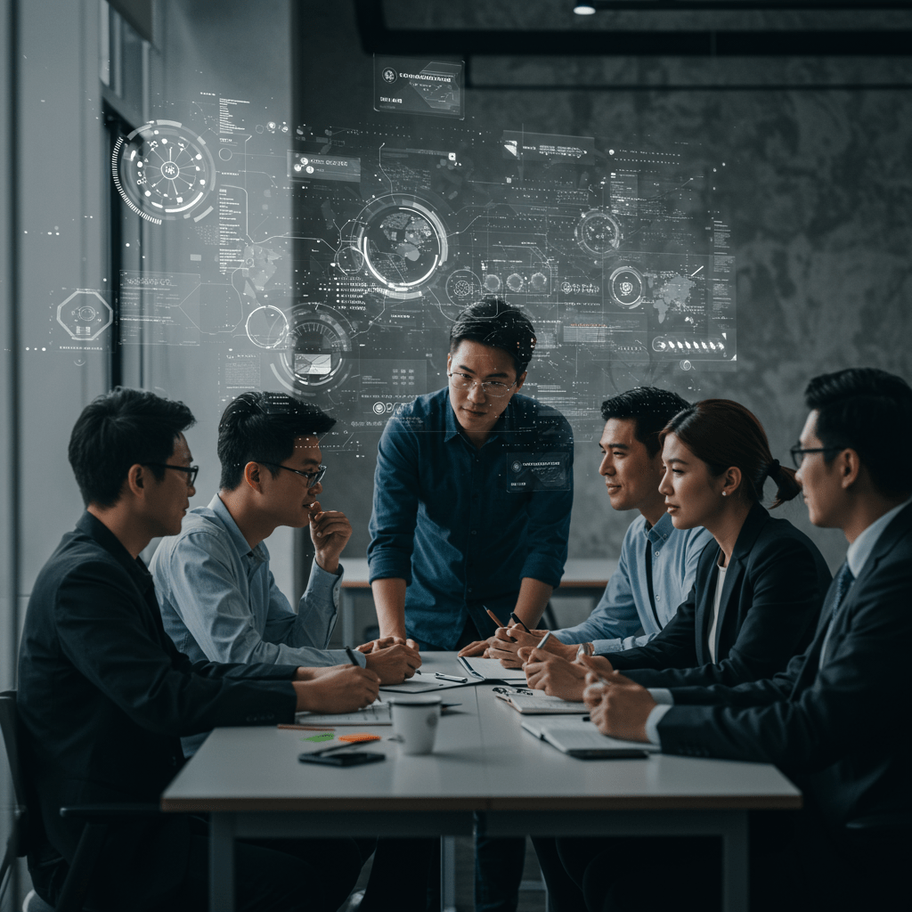 A diverse group of technology professionals collaborating in a modern office environment with digital technology elements, symbolising scalable technology team building and leadership