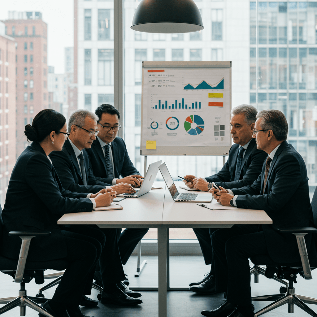 Diverse group of technology leaders collaborating in a modern UK office setting around laptops and digital devices, representing CTO leadership and strategy discussion