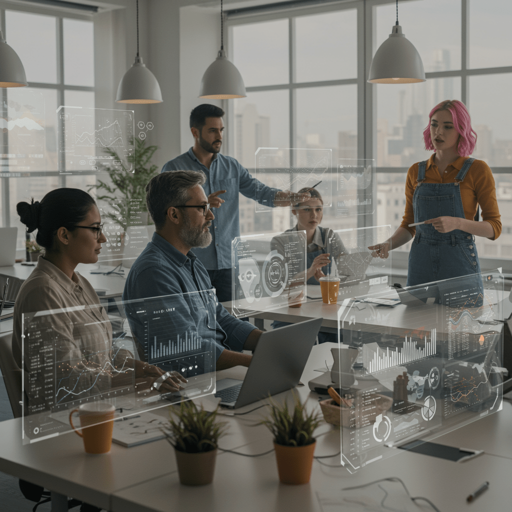 A diverse group of startup technology leaders collaborating in a modern office with digital technology elements symbolizing innovation and leadership growth