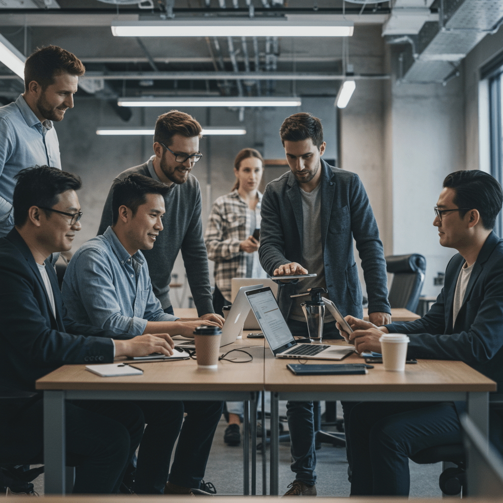 Diverse tech professionals collaborating in a modern office, symbolizing scalable tech team building and fractional CTO leadership