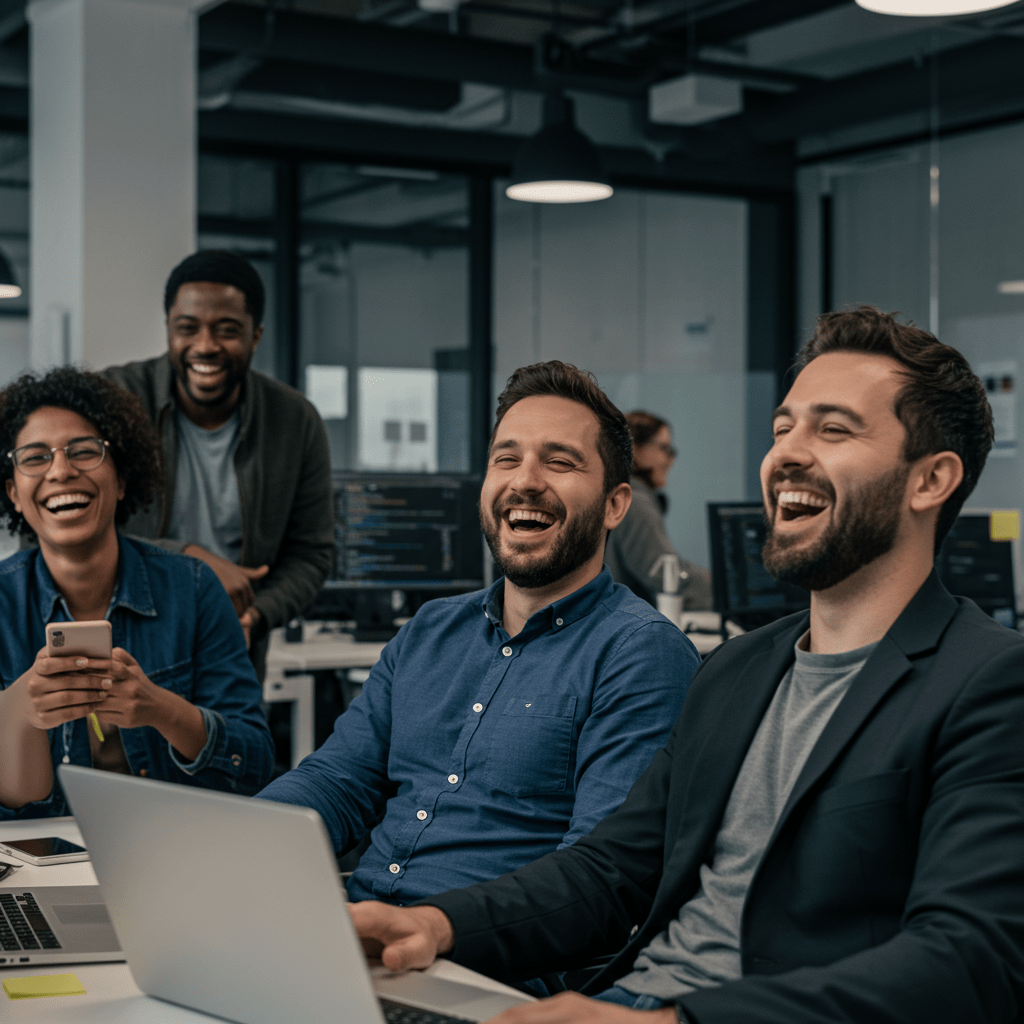 A diverse group of technology leaders and CTOs laughing and sharing stories in a modern office setting with laptops and digital devices, conveying a lighthearted and positive atmosphere in tech leadership