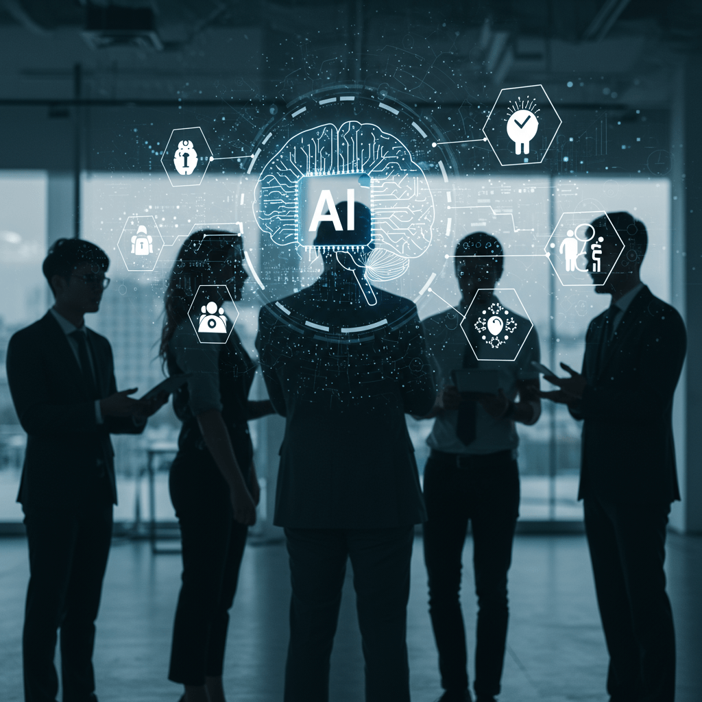 Diverse group of professionals collaborating with AI and ethical technology symbols in a modern corporate setting