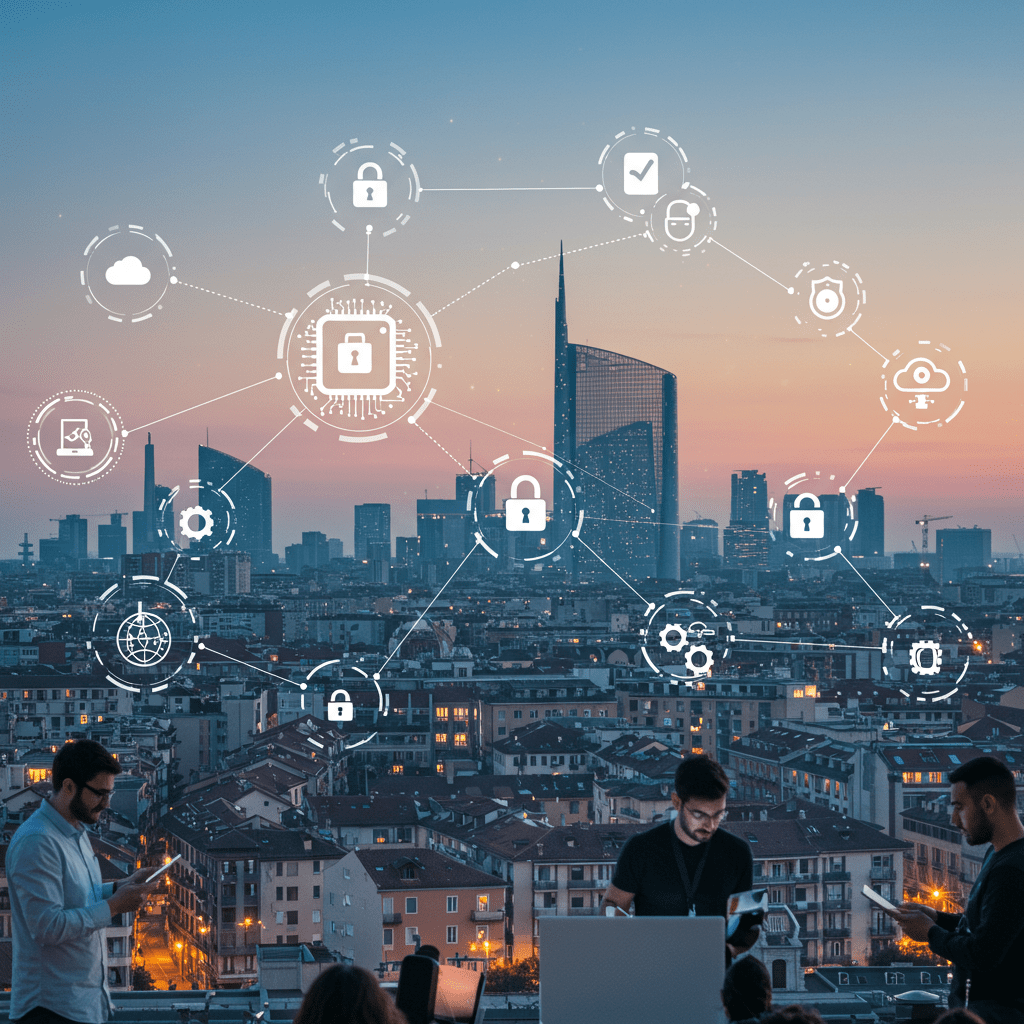 Modern Milan cityscape with digital technology elements and diverse professionals collaborating, symbolizing Italy's tech innovation and fractional CTO leadership in 2025