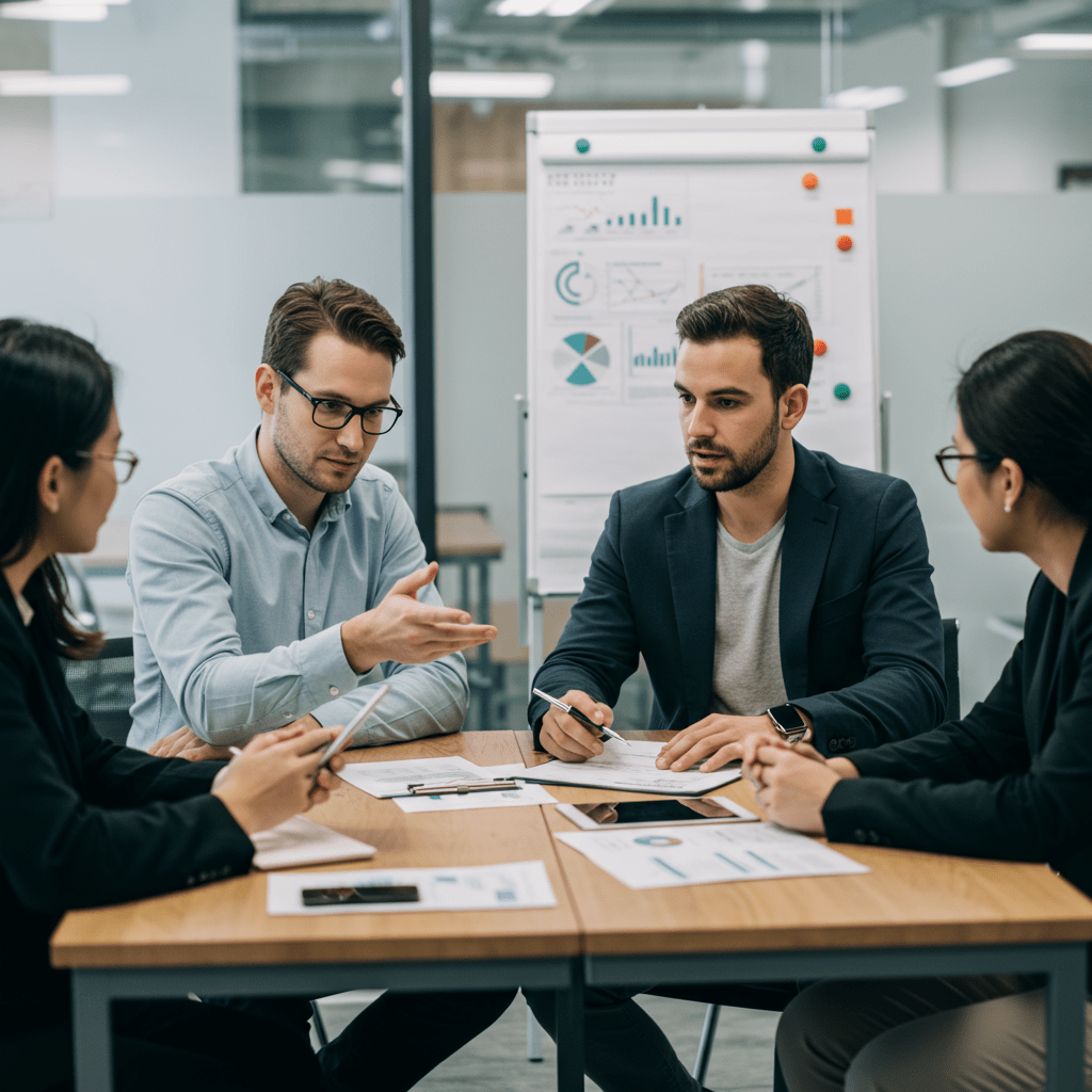 Diverse startup team collaborating with a CTO in a modern office setting discussing strategy around a table with laptops and digital devices
