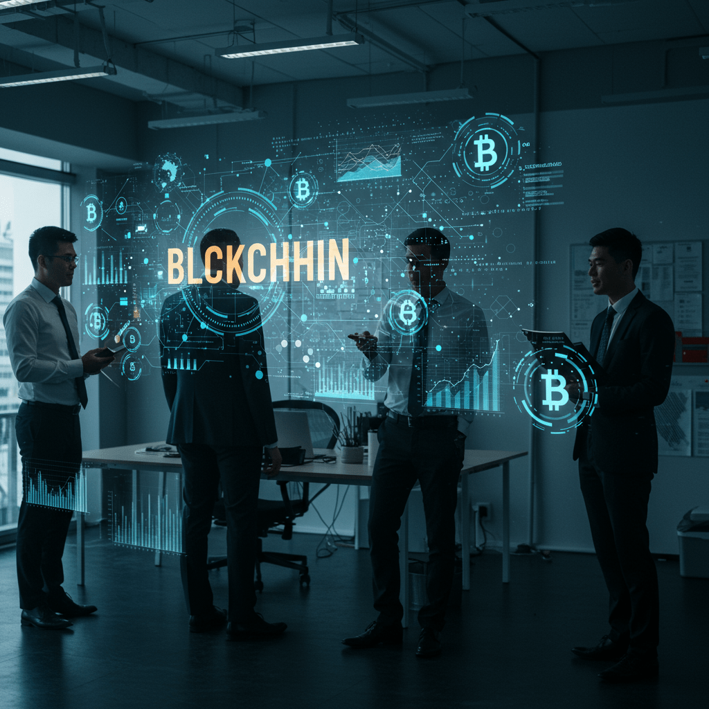 A diverse group of business professionals collaborating with holographic blockchain network visuals and digital data streams in a modern office, symbolizing blockchain technology leadership and innovation in startups.