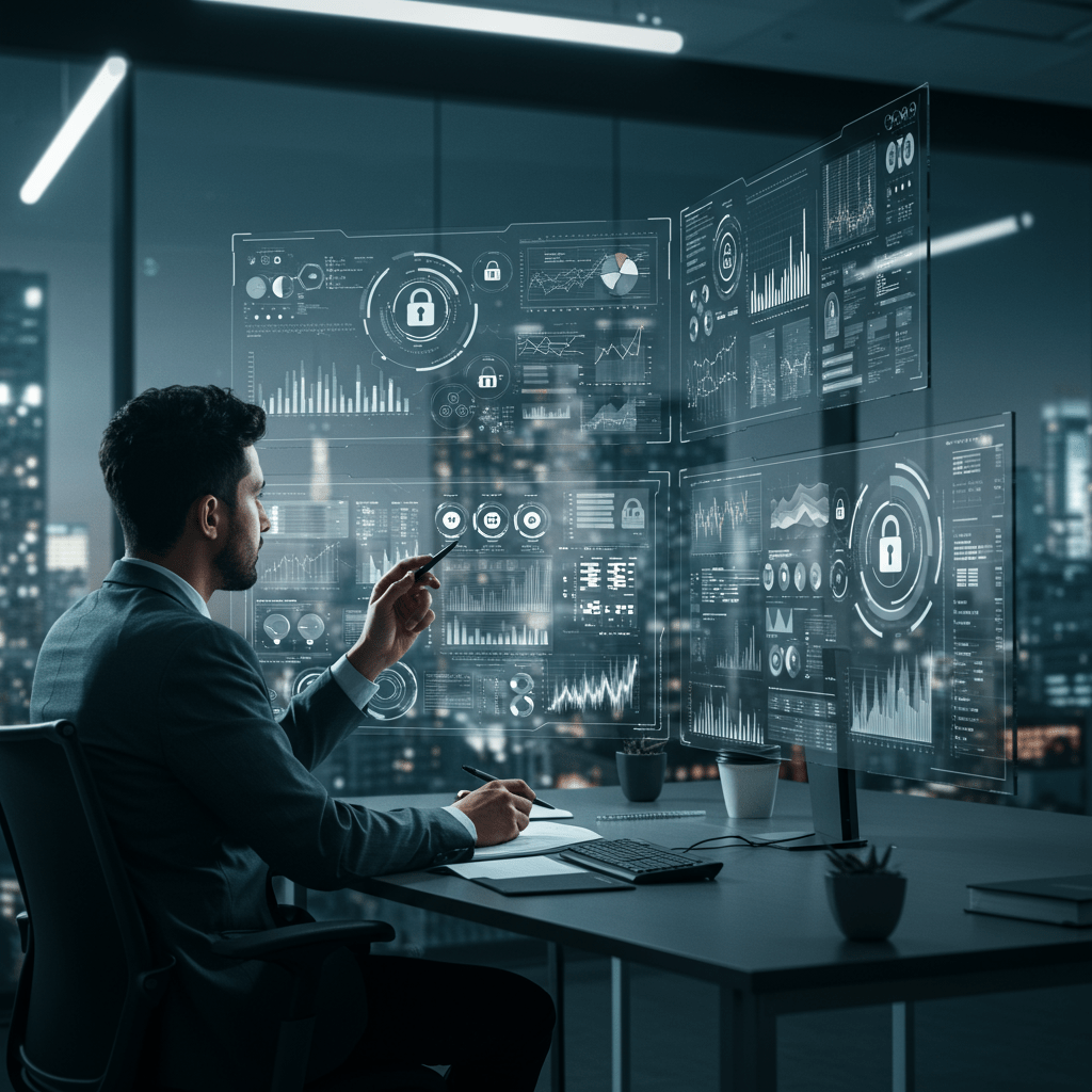 A diverse fractional CTO analyzing technology risk management on digital screens with cybersecurity and fintech data icons in a modern office setting.