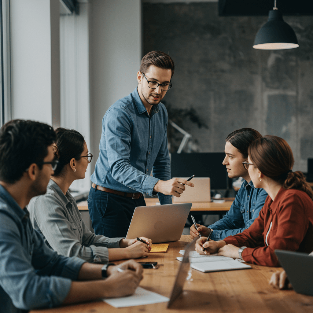 A diverse group of startup professionals collaborating in a modern office setting, with a focus on a fractional CTO leading a technology discussion, symbolizing trust, partnership, and innovation in a startup environment