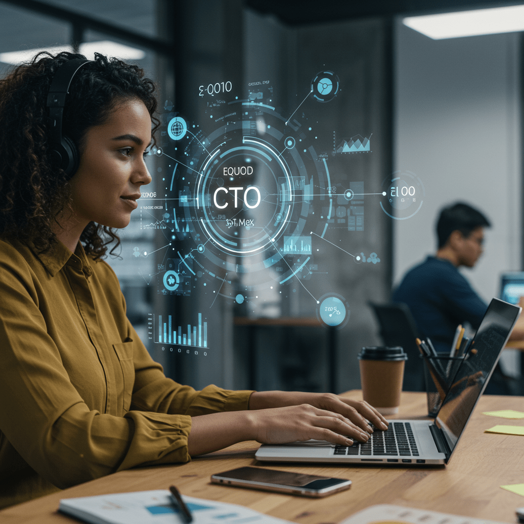 A diverse group of professionals collaborating in a modern startup office with a fractional CTO working on a laptop, surrounded by digital symbols of equity and technology representing innovation and leadership.