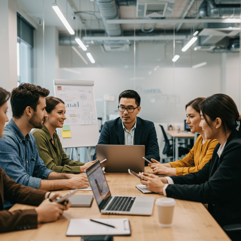 Diverse startup team collaborating with a fractional CTO in a modern office, symbolizing trust and transparency in technology leadership