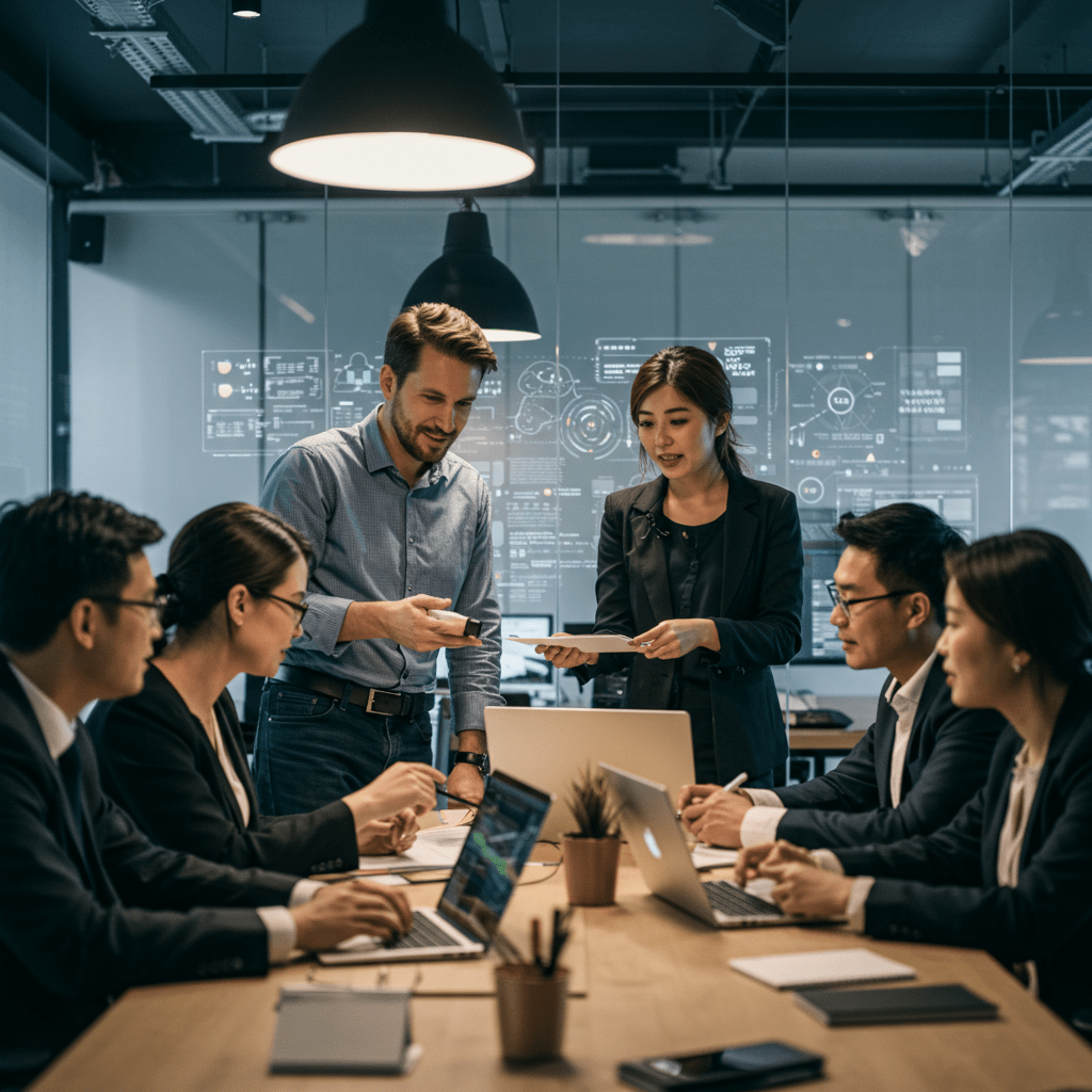 A diverse group of professionals collaborating in a modern office environment with technology and startup elements, symbolizing leadership and team scaling in a tech startup setting