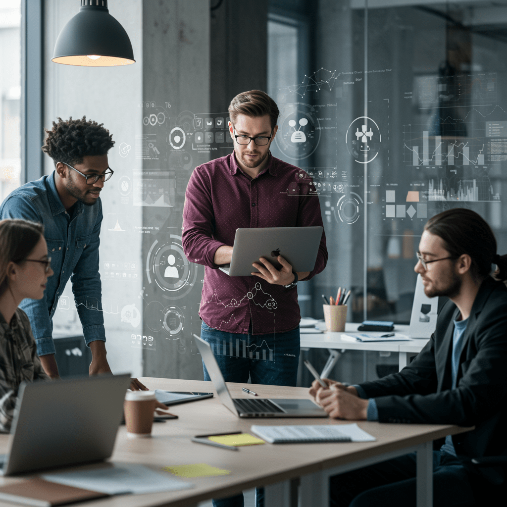 Diverse startup team collaborating with a CTO leading technology and recruitment strategy in a modern office setting
