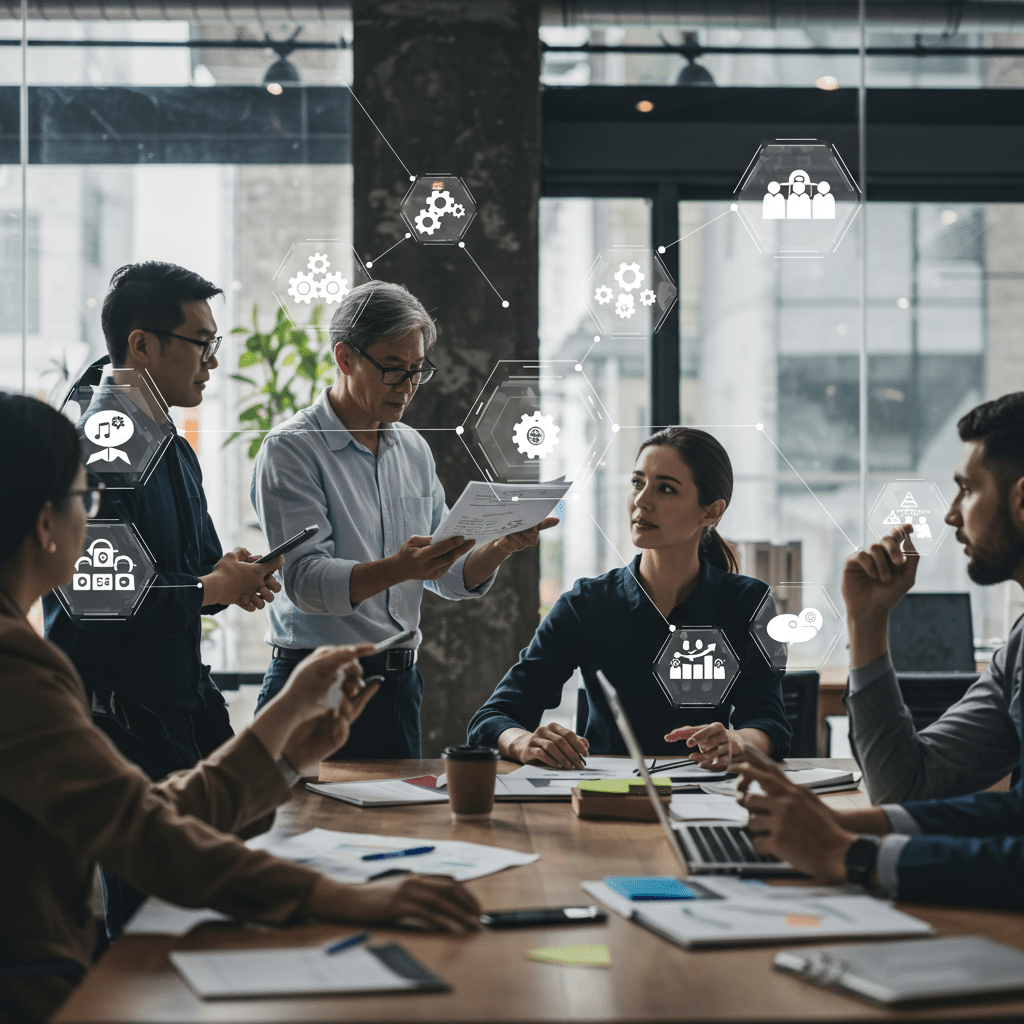 A diverse group of professionals collaborating in a modern office with digital technology icons and startup growth elements in the background
