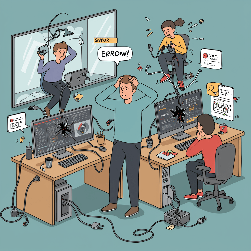 A humorous and lighthearted illustration of a stressed CTO surrounded by malfunctioning technology like computers with error messages, tangled cables, and confused team members in a modern startup office, conveying chaos and resilience with a playful tone.