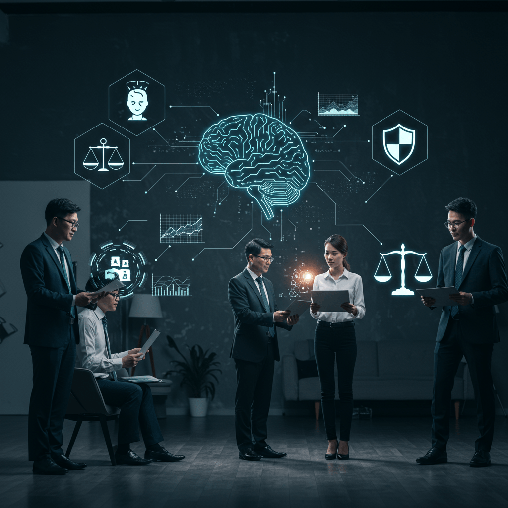 Diverse technology leaders collaborating with AI elements and ethical symbols representing AI ethics and responsible leadership in fractional CTO services