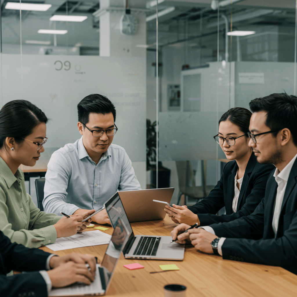 A diverse group of startup founders and a fractional CTO collaborating around a table with laptops and digital devices in a modern office, symbolising technology leadership and strategic planning.