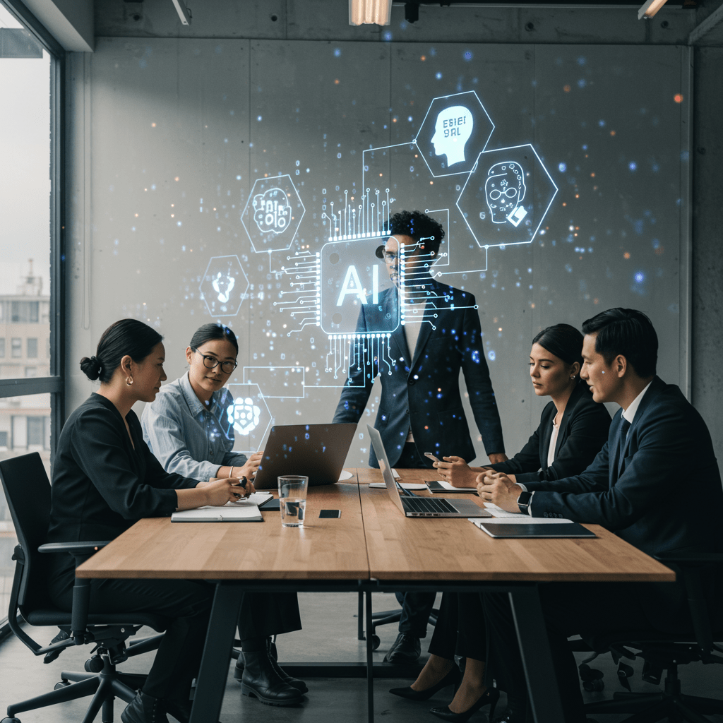 Diverse technology leaders collaborating in a modern office with digital AI and ethical technology icons floating above, symbolizing AI ethics and innovation in startups