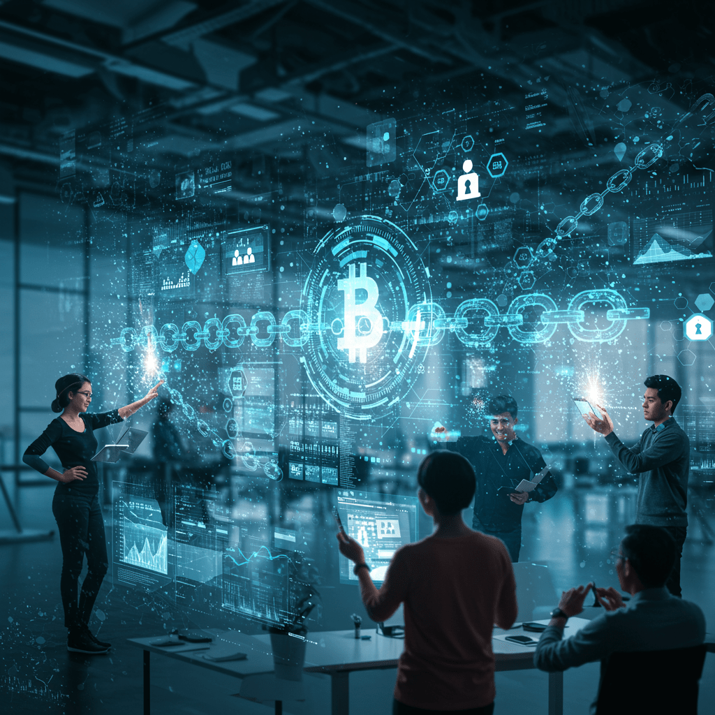A diverse group of professionals collaborating with holographic blockchain nodes and interconnected chains in a modern tech environment, symbolizing blockchain technology leadership in startups.