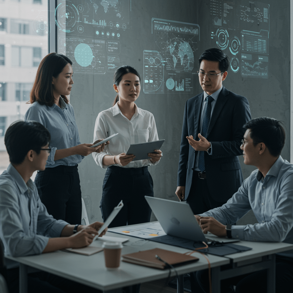 Diverse startup team collaborating with a fractional CTO on technology scaling strategies in a modern business environment with digital technology elements.