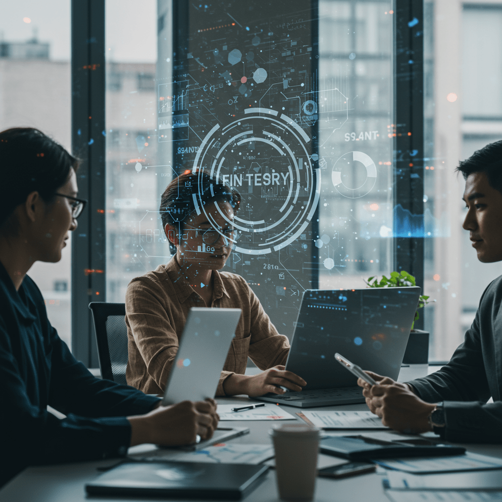 Diverse fintech startup team collaborating on technology strategy with digital financial data and futuristic technology elements in a modern office environment