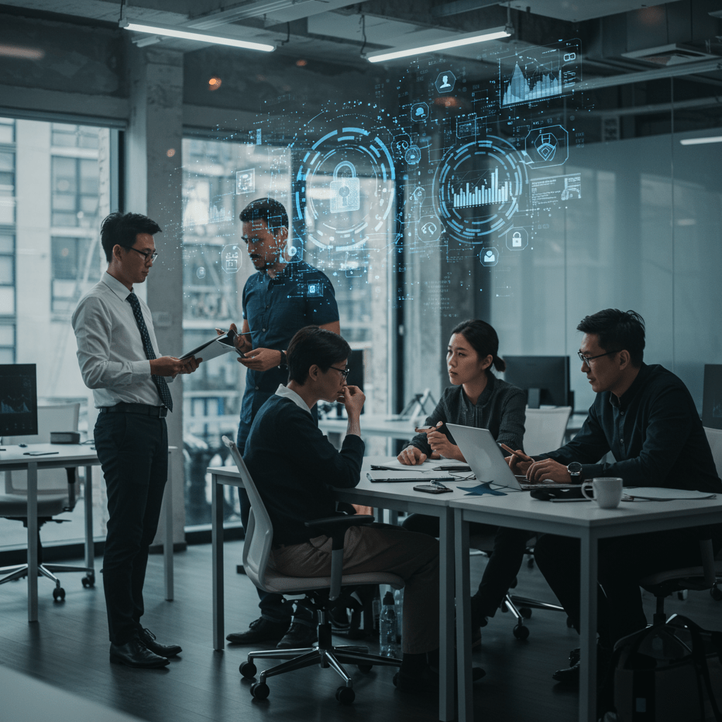 Modern fintech startup office with diverse technology leaders collaborating, digital financial data, and futuristic technology elements symbolizing innovation, security, and compliance in fintech technology leadership