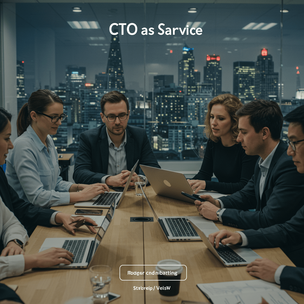 A diverse group of professionals collaborating on technology strategy in a modern business setting, representing CTO as a Service for UK startups and SMEs.