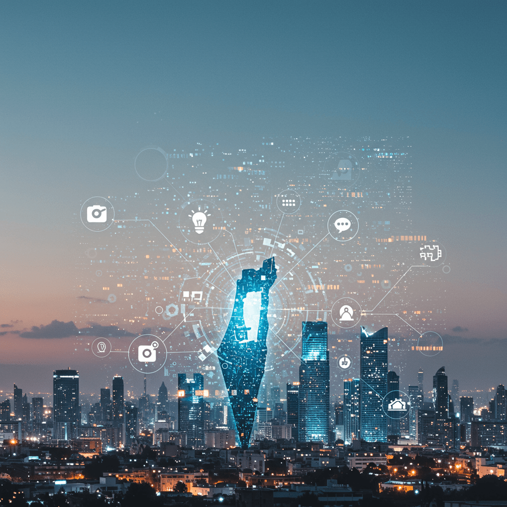 Futuristic cityscape symbolising Israel's technology sector with digital circuits and innovation elements amid a backdrop of geopolitical tension and resilience.