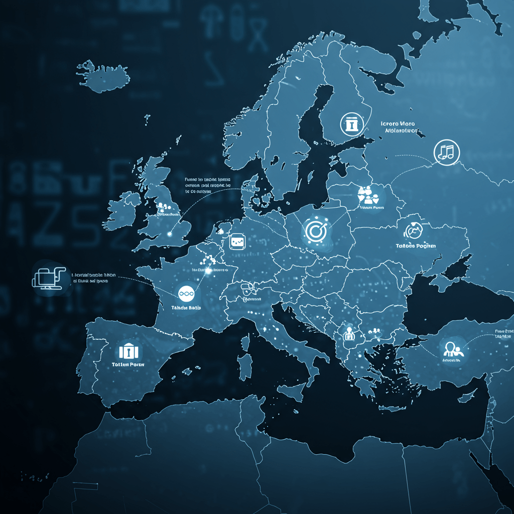 Futuristic digital map of Europe with glowing tech icons representing IT infrastructure, innovation hubs, and talent pools, symbolizing a connected and thriving IT-friendly environment in 2025.