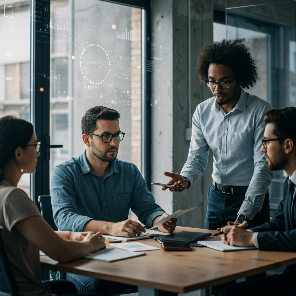 Diverse startup founders and technology leaders discussing strategy in a modern office with digital technology elements in the background representing technology leadership and decision-making
