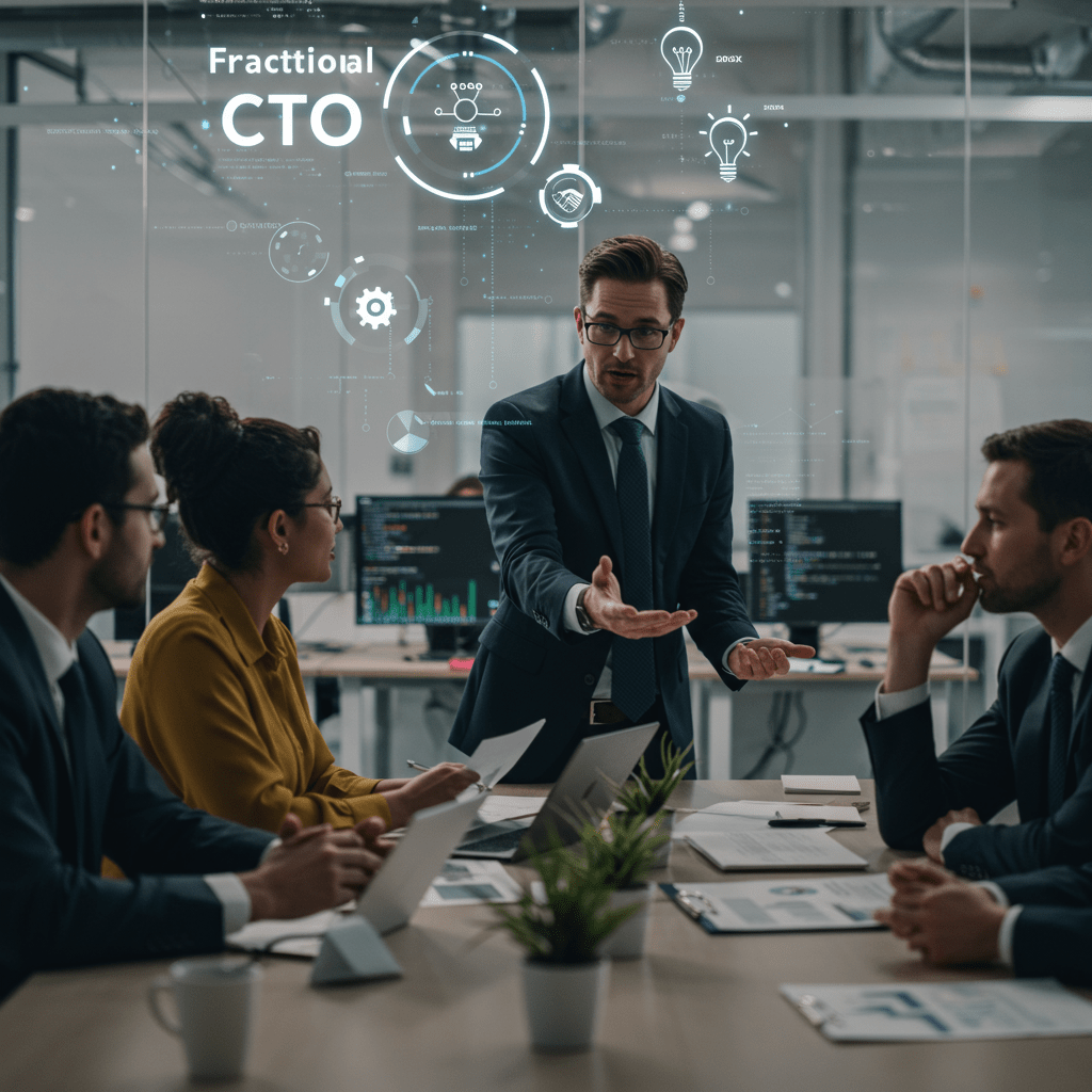 Diverse professionals in a modern office discussing technology strategy with digital devices, symbolizing fractional CTO leadership and innovation in a startup environment.