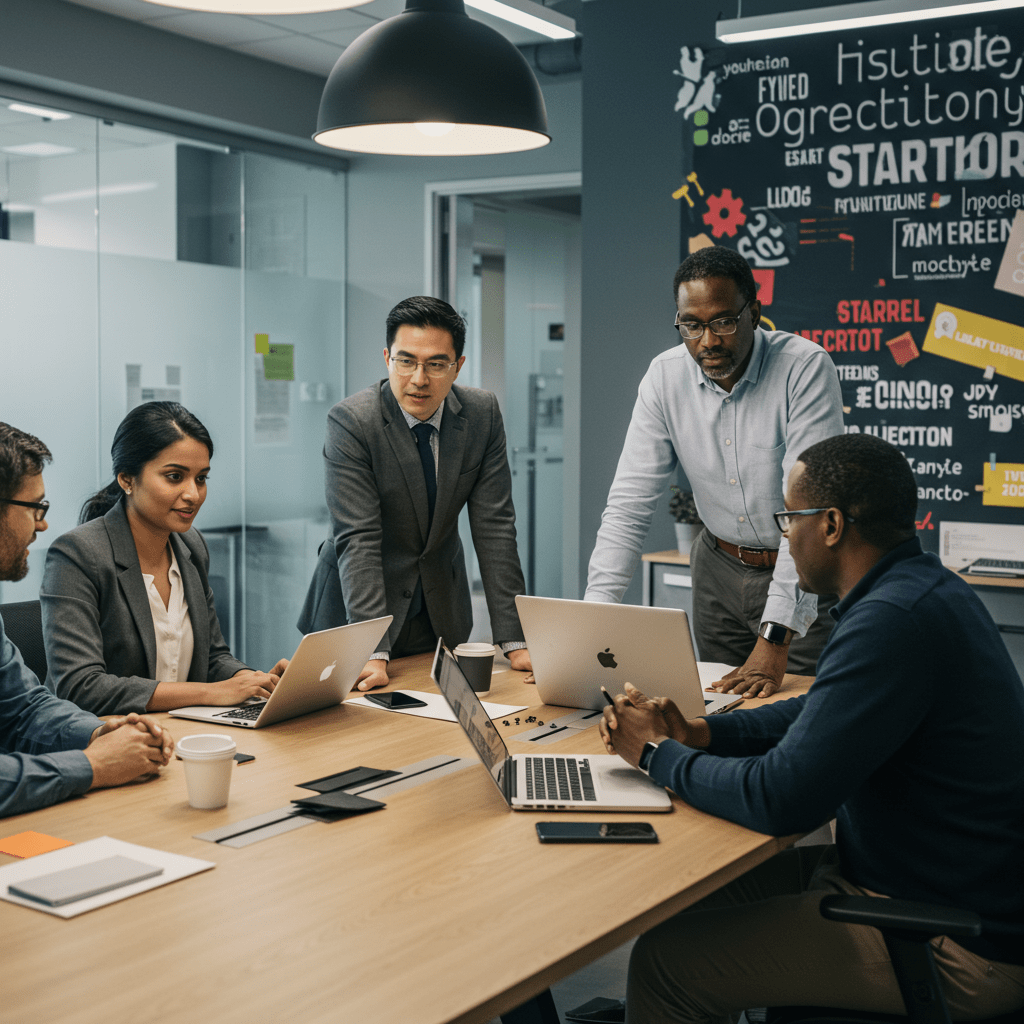 A diverse group of technology leaders collaborating in a modern office, symbolizing fractional CTO and startup teamwork
