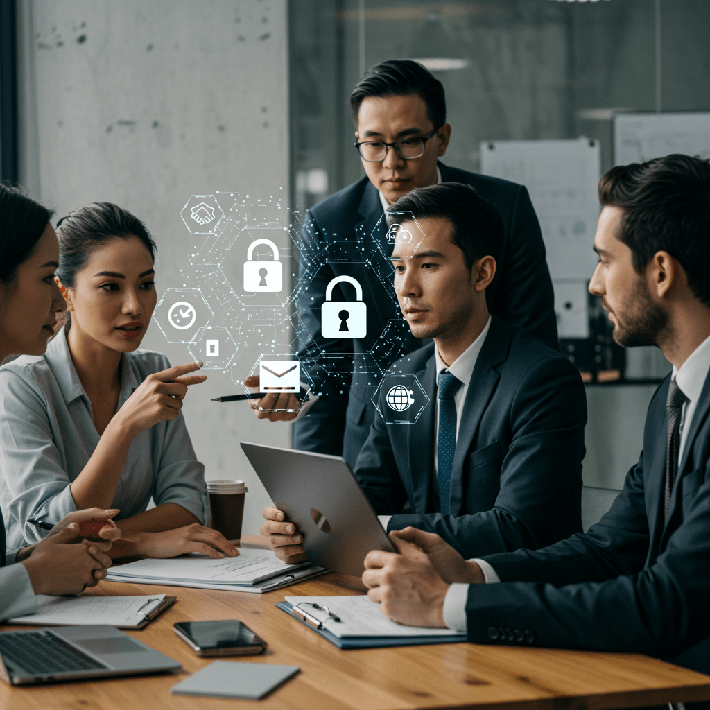 Diverse startup leaders and a fractional CTO collaborating on technology risk management in a modern office with digital security icons and laptops.