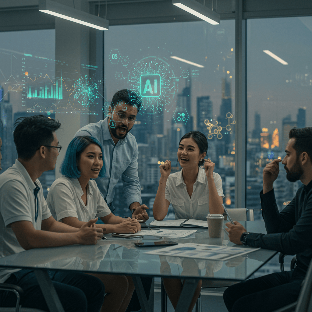Diverse professionals in a modern tech startup office discussing technology strategy with digital fintech, AI, and blockchain elements in the background