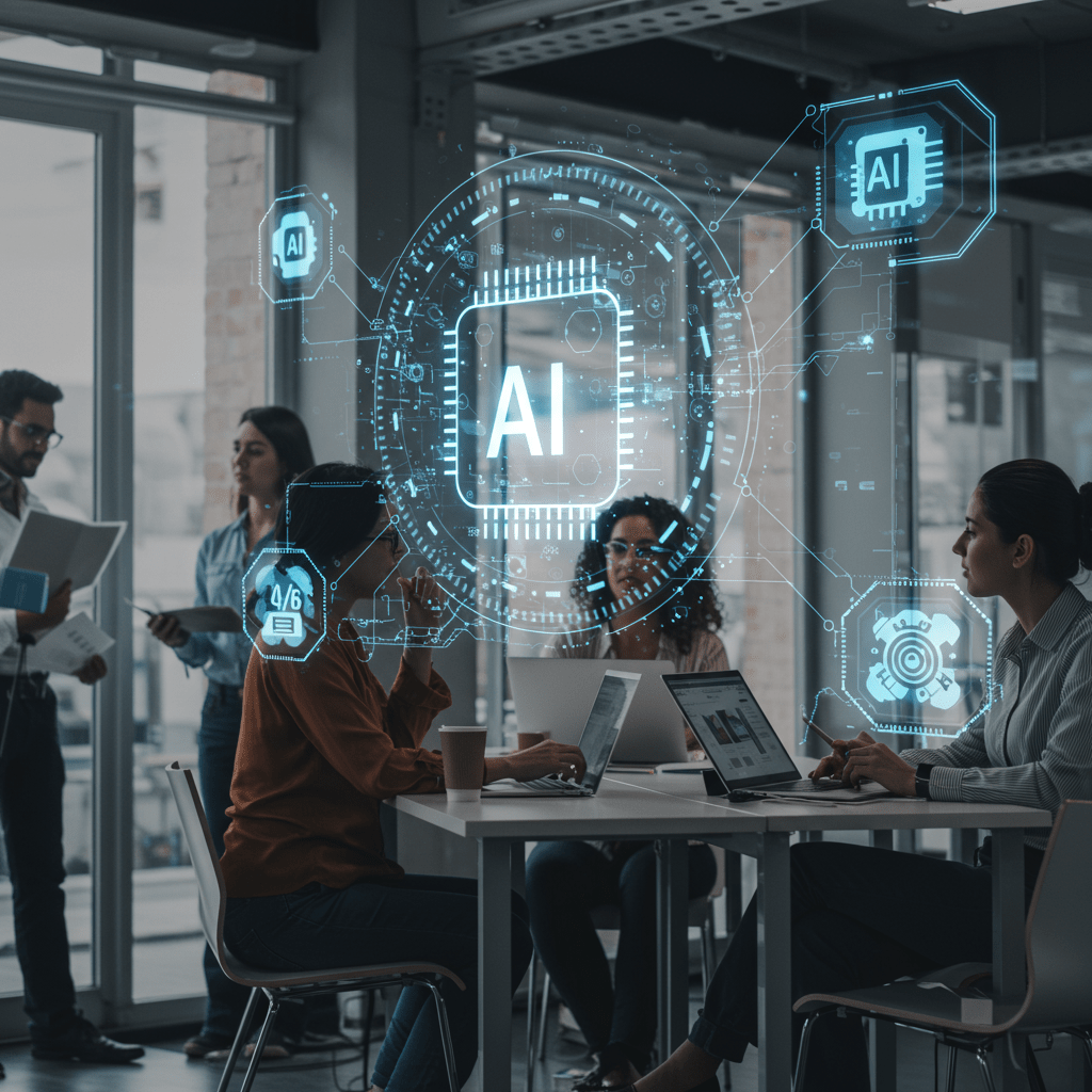 Diverse professionals collaborating on AI technology with futuristic digital elements in a modern UK startup environment representing AI ethics and technology leadership