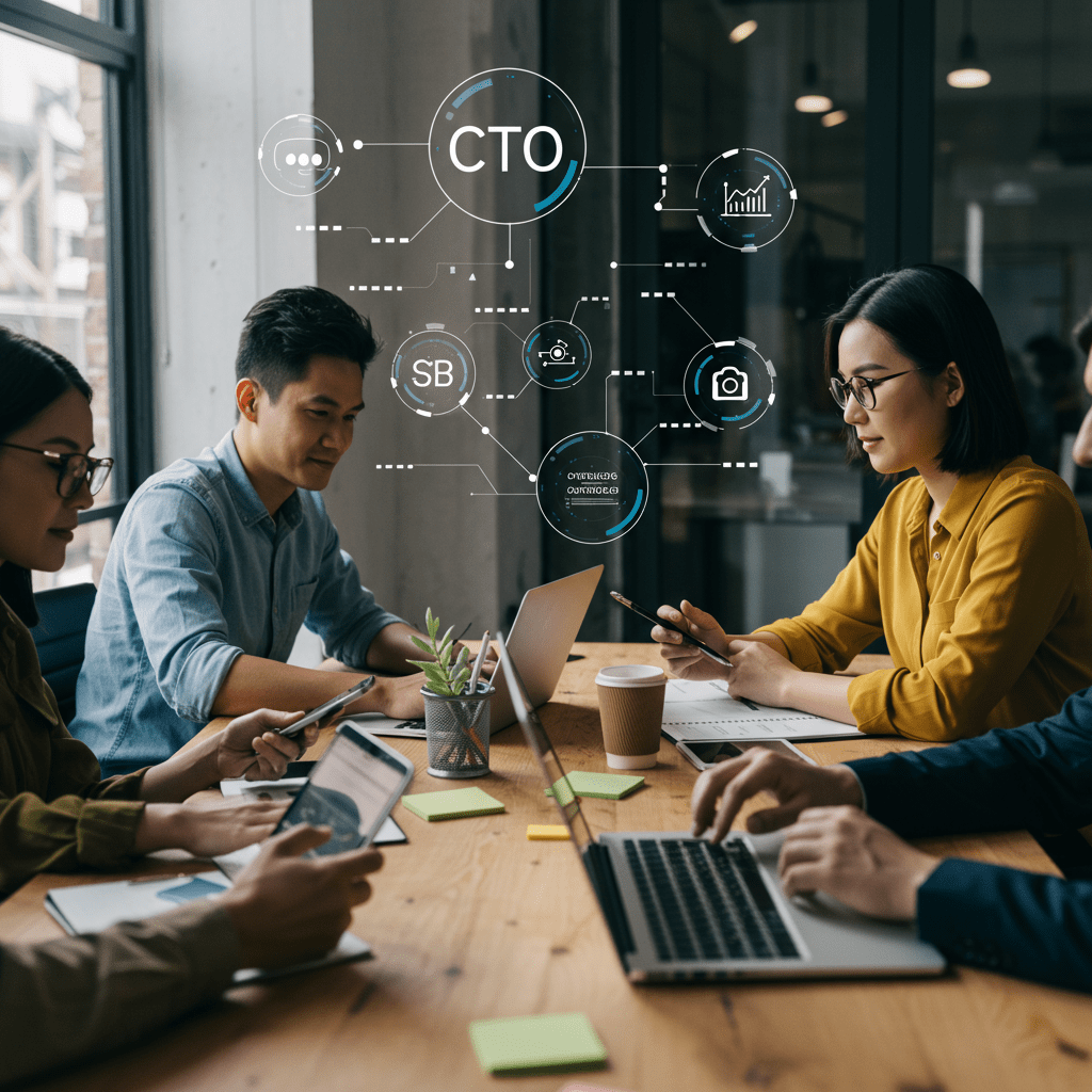 Diverse startup team collaborating in a modern office with laptops, symbolizing technology leadership and CTO outsourcing for growth and innovation