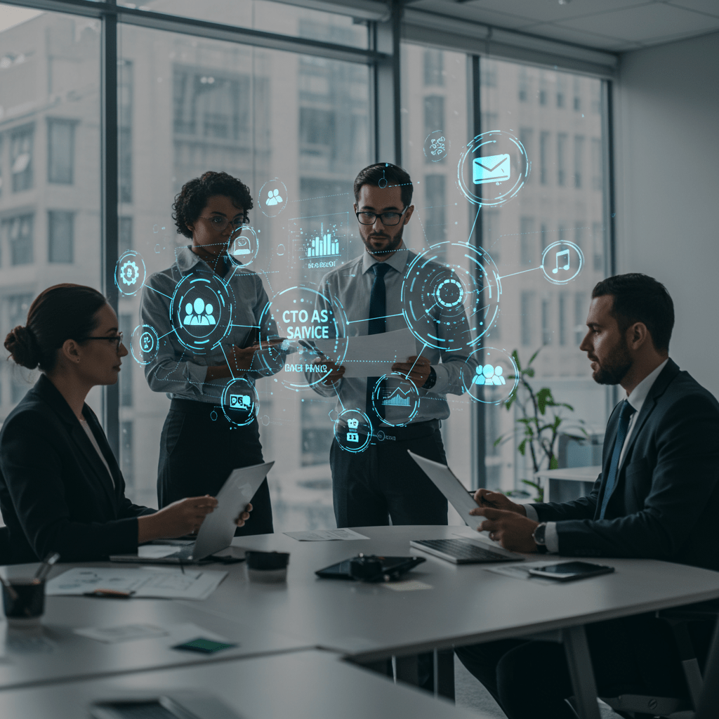 A diverse group of professionals in a modern office discussing technology strategy with digital technology icons in the background representing CTO as a Service and transparent pricing models in the UK